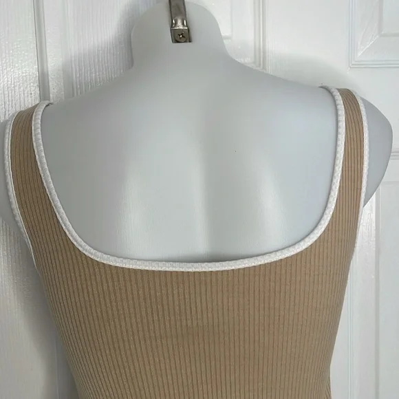 CRESCENT CONTRASTING TRIM RIBBED BODYCON TANK MIDI DRESS BEIGE & WHITE SIZE S - Picture 9 of 12